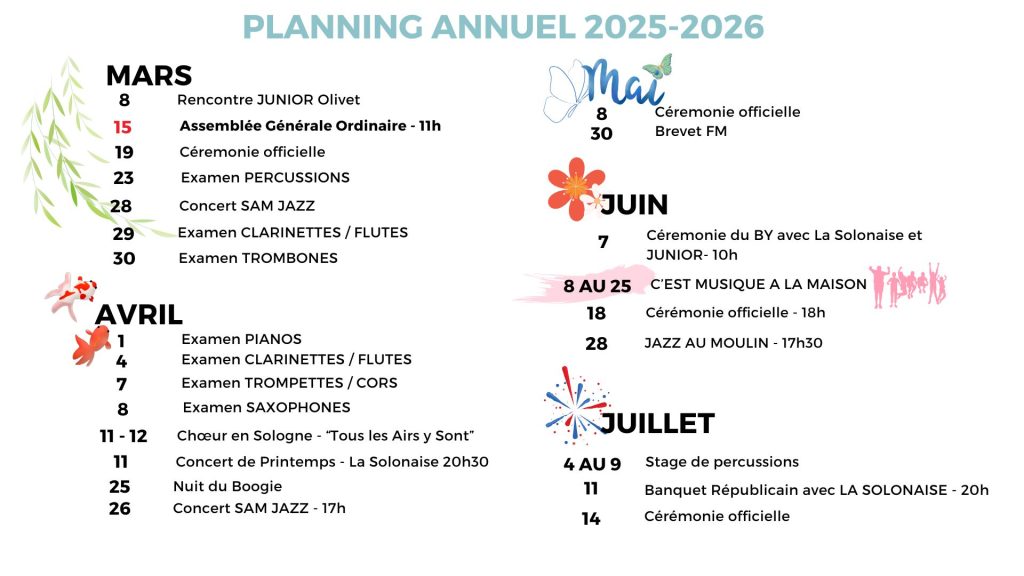 Planning 2025/2026 de l'harmonie de La Ferté-Saint-Aubin