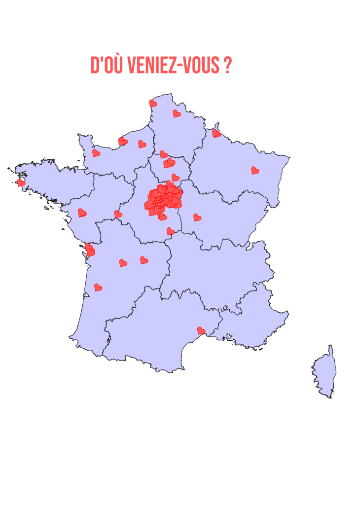 une carte de France illustrant la diversité de vos provenances pour ce évènement musical : merci aux choristes d’être venus parfois de si loin ! 